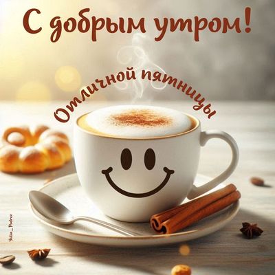 Открытка «Пожелание»: Доброе утро пятницы! Кофе, улыбка, настроение. Тэги: отличное настроение, улыбка, утро, красивая…