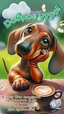 Открытка «Животное»: Доброе утро! Собака, кофе, настроение. Тэги: пожелание, улыбка, утро, друг, красивая, кофе…