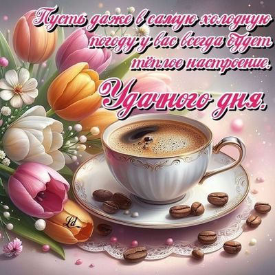 Открытка «Пожелание»: Удачного дня и теплого настроения!. Тэги: утро, красивая, кофе, позитив, радость, цветок, чашка…