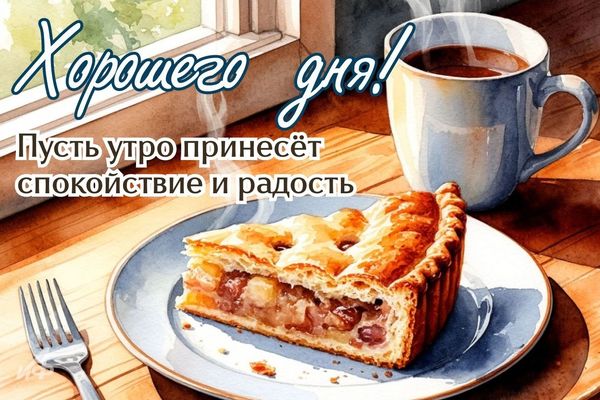 Открытка «Пожелание»: Хорошего дня! Утро и радостное пожелание. Тэги: утро, красивая, кофе, позитив, хорошее настроен…
