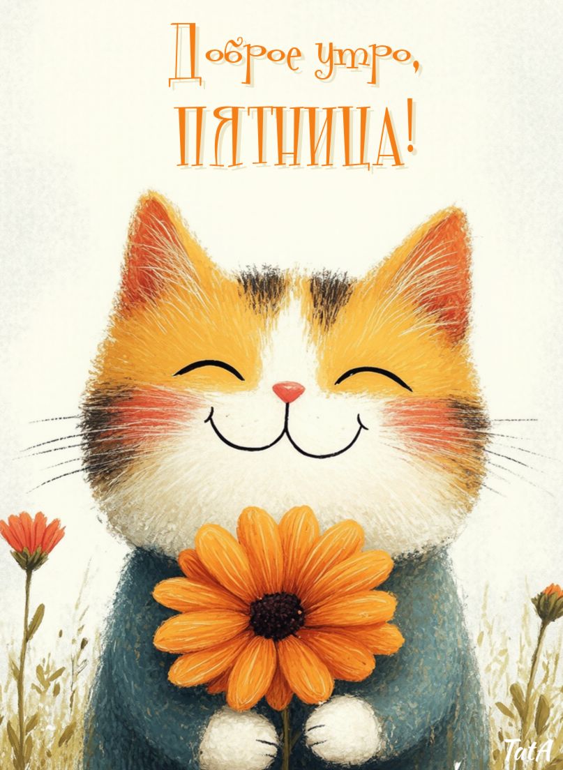 Открытка «Кот»: Доброе утро, пятница! Счастливый кот с цветком. Тэги: животное, пожелание, улыбка, утро, красивая…