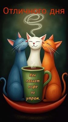 Открытка «С добрым утром»: Отличного дня! Коты и кофе для настроения. Тэги: С добрым утром, для поднятия настроением!…