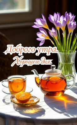 Открытка «Пожелание»: Доброго утра и хорошего дня! Чай, крокусы, солнце.. Тэги: утро, красивая, позитив, хорошее наст…