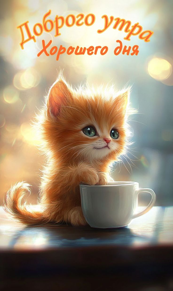 Открытка «Кот»: Доброе утро и хорошего дня: милый котик с чашкой. Тэги: животное, пожелание, улыбка, друг, подруга…
