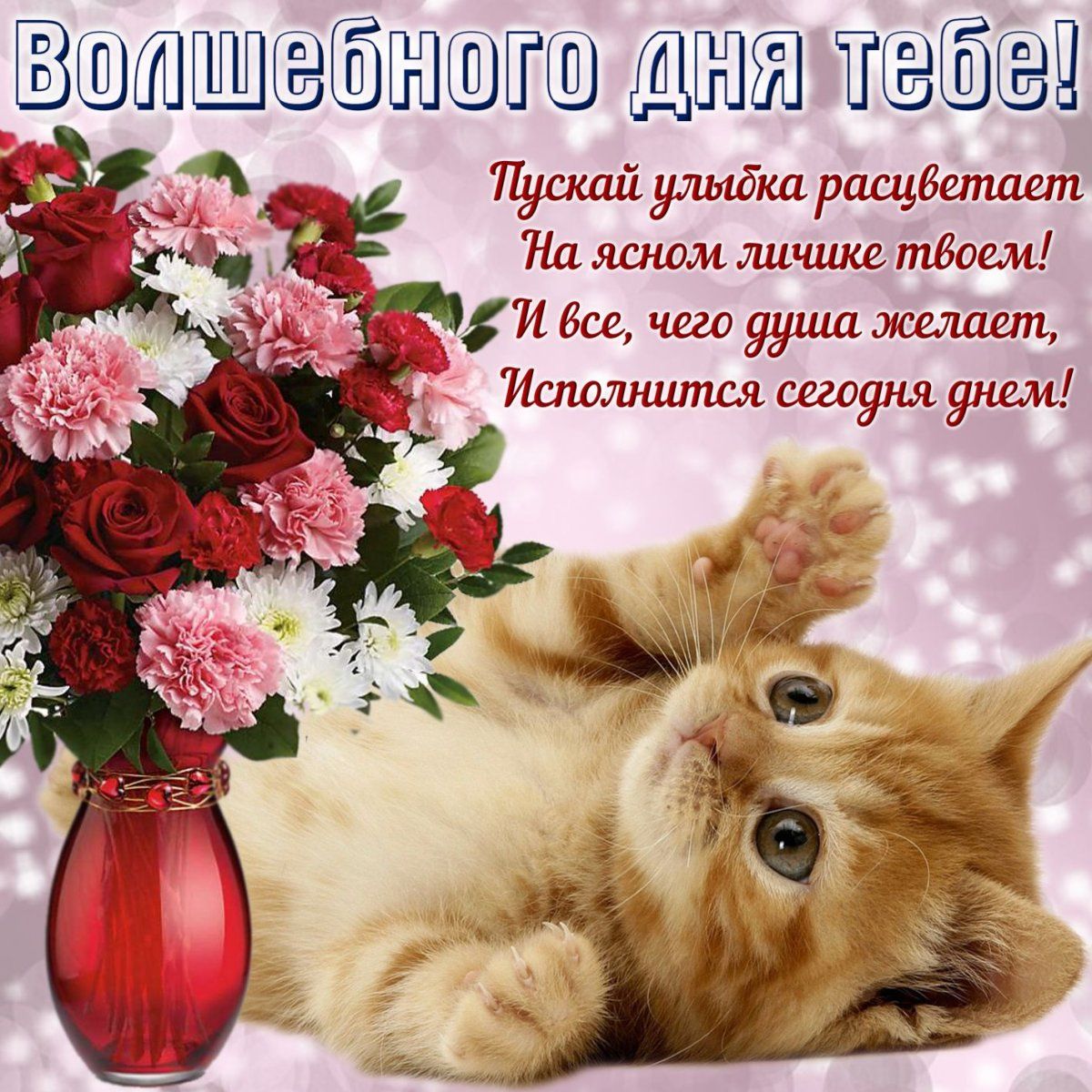 Открытка «Кот»: Волшебного дня тебе! Открытка с котенком и букетом. Тэги: животное, пожелание, улыбка, друг, подруга…
