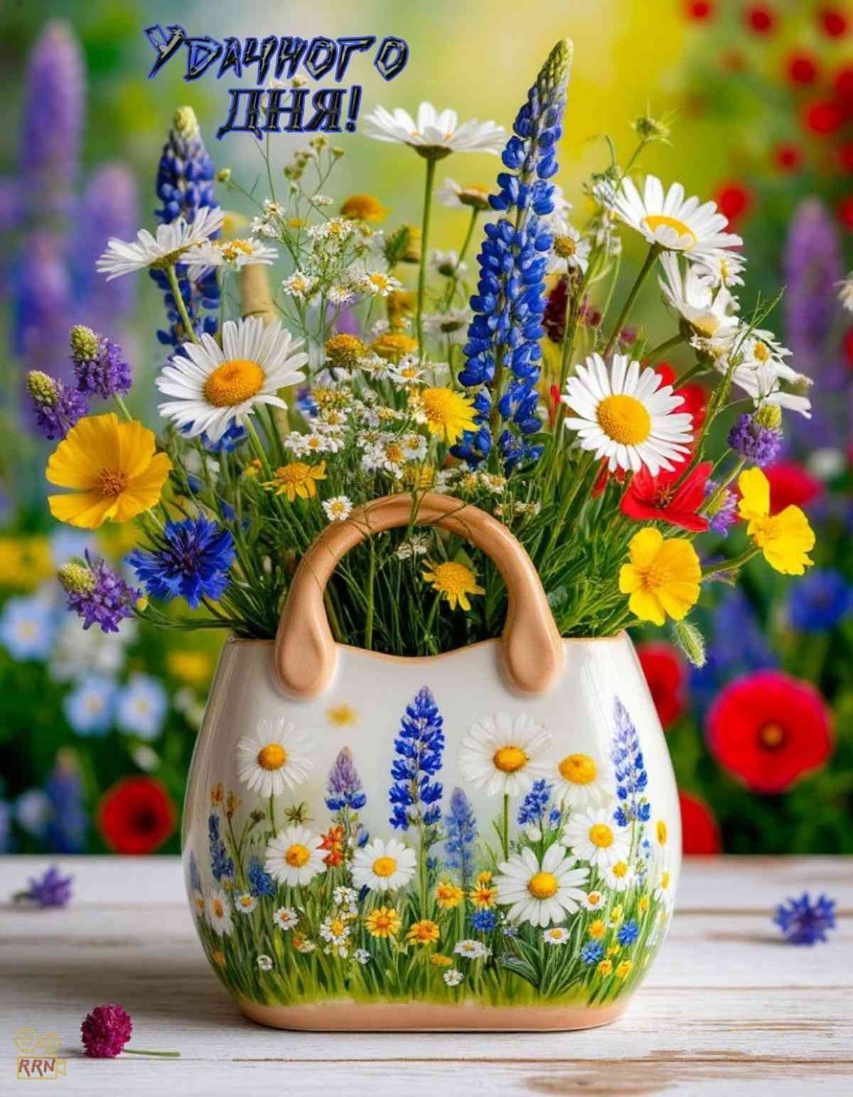 Открытка «Пожелание»: Удачного дня! Красивая открытка с букетом цветов. Тэги: красивая, позитив, хорошее настроение…