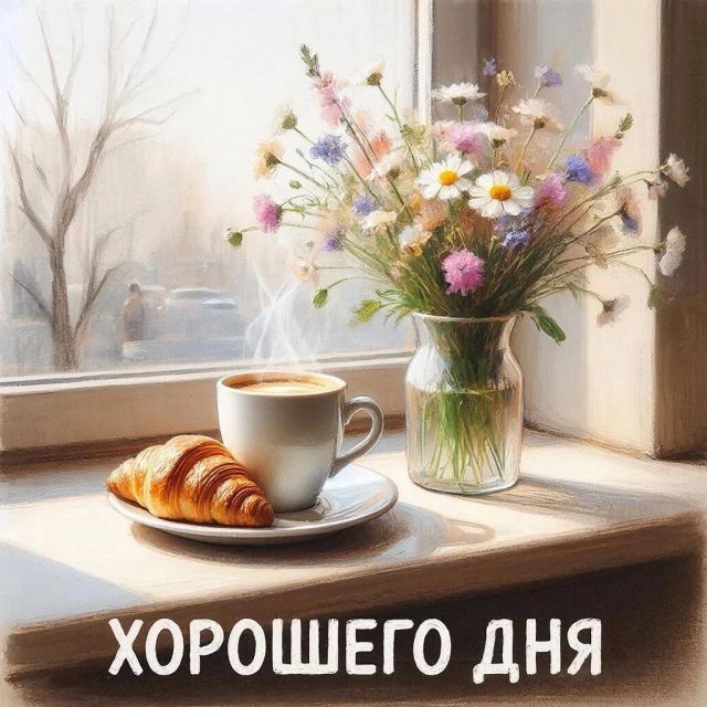 Открытка «Пожелание»: Хорошего дня: кофе, круассан и нежный букет. Тэги: утро, красивая, кофе, позитив, радость…