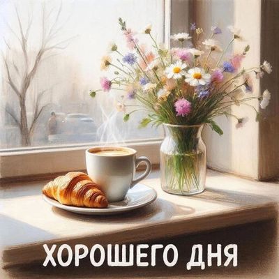 Открытка «Пожелание»: Хорошего дня: кофе, круассан и нежный букет. Тэги: утро, красивая, кофе, позитив, радость…