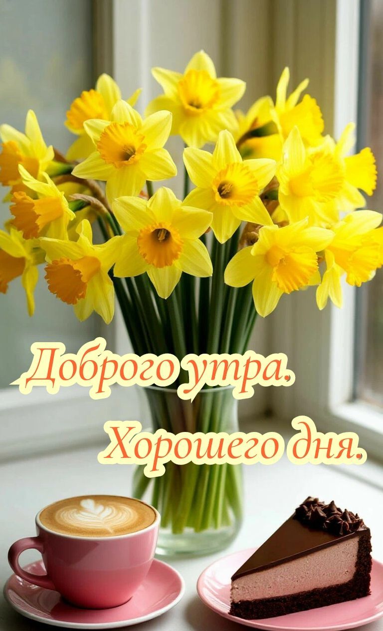 Открытка «Пожелание»: Доброго утра и хорошего дня! Нарциссы, кофе, торт.. Тэги: утро, красивая, кофе, позитив, радость…