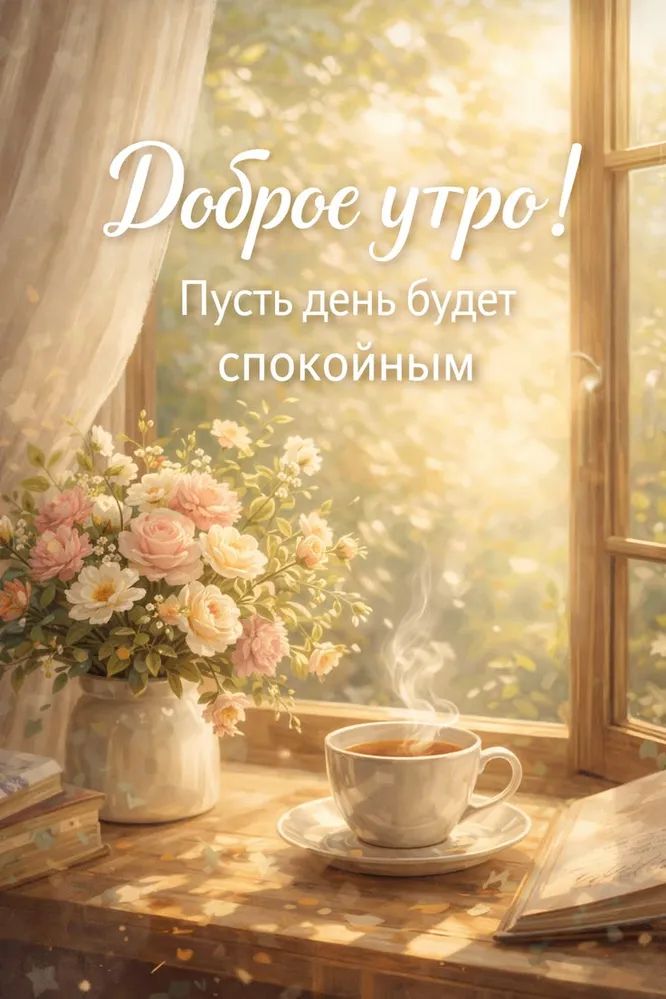 Открытка «Пожелание»: Открытка "Доброе утро!" Пусть день будет спокойным. Тэги: утро, красивая, кофе, хорошее настрое…