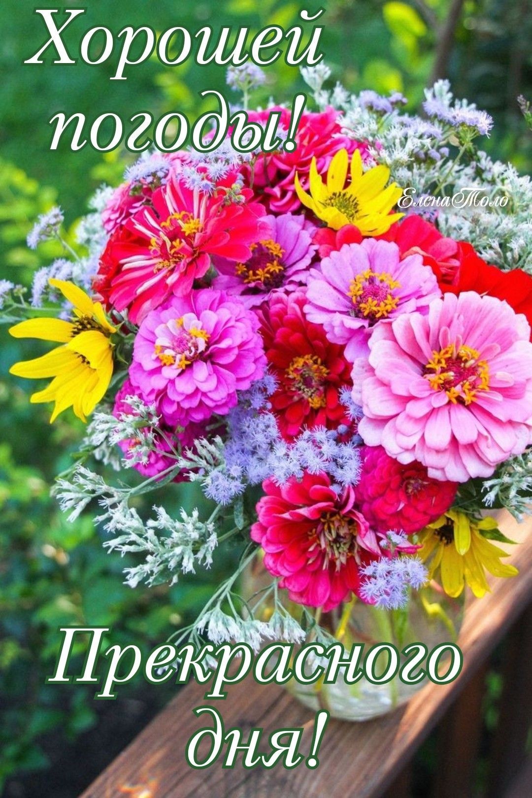 Открытка «Пожелание»: Прекрасного дня! Яркий букет цветов и пожелание погоды. Тэги: улыбка, позитив, радость, цветок…