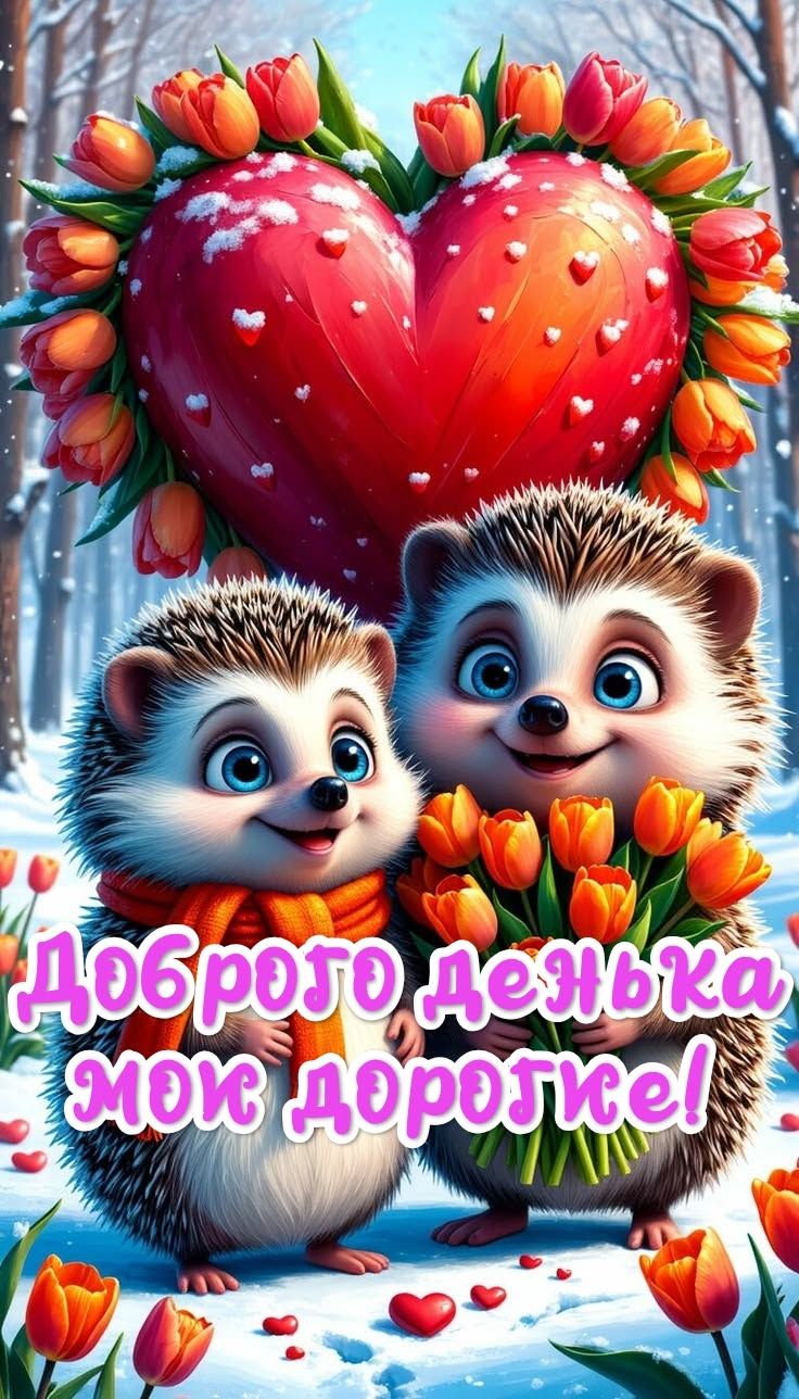 Открытка «Животное»: Доброго денька! Ежики, сердце и любовь. Тэги: пожелание, улыбка, шарф, красивая, позитив, радость…