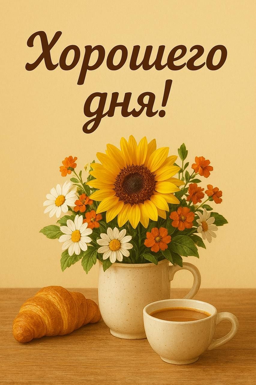 Открытка «Пожелание»: Хорошего дня! Солнечное пожелание с цветами и кофе. Тэги: утро, красивая, кофе, позитив, хороше…