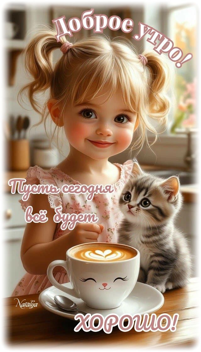 Открытка «Кот»: Доброе утро! Пусть сегодня всё будет хорошо!. Тэги: животное, пожелание, улыбка, утро, красивая, кофе…