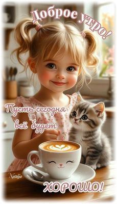 Открытка «Кот»: Доброе утро! Пусть сегодня всё будет хорошо!. Тэги: животное, пожелание, улыбка, утро, красивая, кофе…