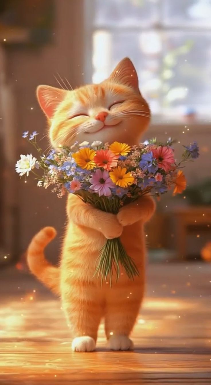Открытка «Кот»: Счастливый кот с букетом цветов: радость и улыбка. Тэги: животное, пожелание, улыбка, утро, красивая…
