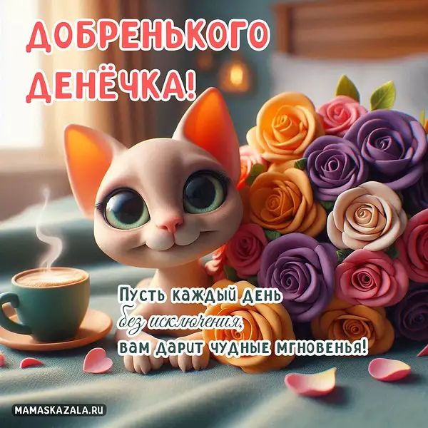 Открытка «Кот»: Добренького денёчка! Чудесное пожелание на день.. Тэги: животное, пожелание, красивая, кофе, хорошее…