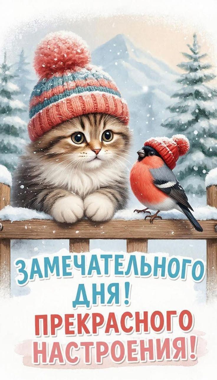 Открытка «Кот»: Замечательного дня! Прекрасное настроение, котенок. Тэги: животное, пожелание, улыбка, шапка, красивая…