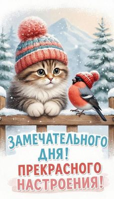 Открытка «Кот»: Замечательного дня! Прекрасное настроение, котенок. Тэги: животное, пожелание, улыбка, шапка, красивая…