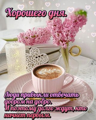 Открытка «Пожелание»: Хорошего дня! Мудрое пожелание с кофе и цветами. Тэги: хорошего дня, красивая, кофе, хорошее на…
