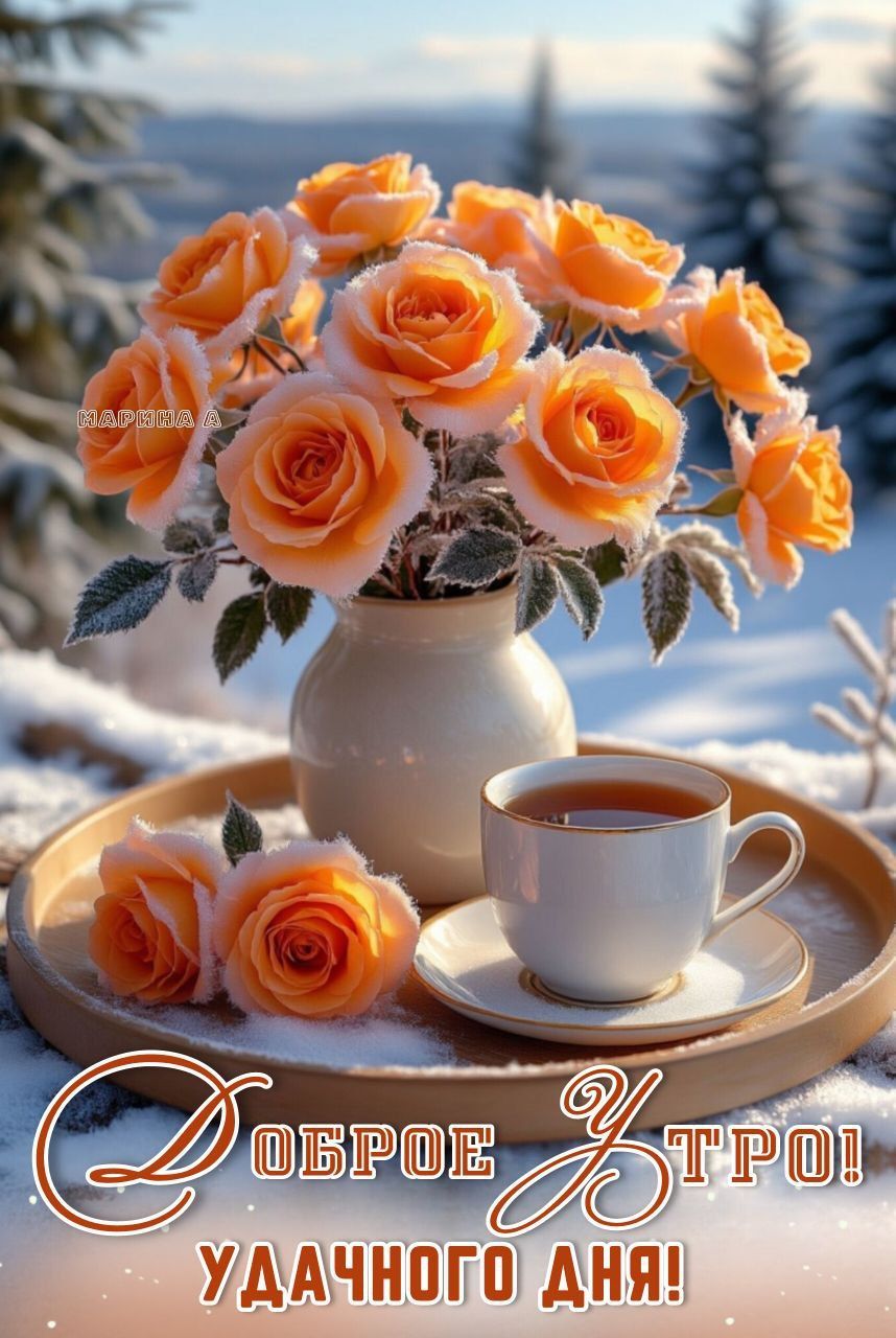 Открытка «Пожелание»: Доброе утро: зимние розы и теплое пожелание. Тэги: утро, красивая, хорошее настроение, цветок…