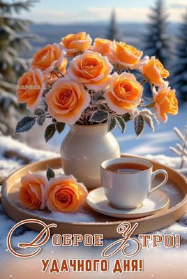 Открытка «Пожелание»: Доброе утро: зимние розы и теплое пожелание. Тэги: утро, красивая, хорошее настроение, цветок…