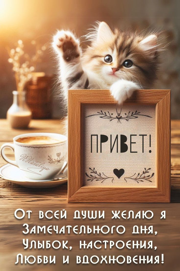 Открытка «Животное»: Привет от котёнка: замечательного дня и настроения!. Тэги: пожелание, улыбка, утро, красивая…