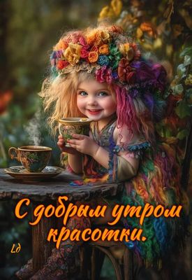 Открытка «Пожелание»: С добрым утром, красотки! Чудесное настроение. Тэги: улыбка, утро, красивая, кофе, позитив…