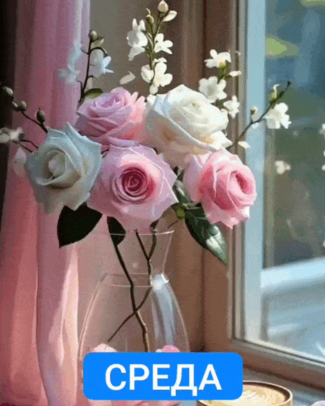 Открытка «Красивая»: Чудесная среда: букет роз для прекрасного настроения. Тэги: кофе, позитив, хорошее настроение…