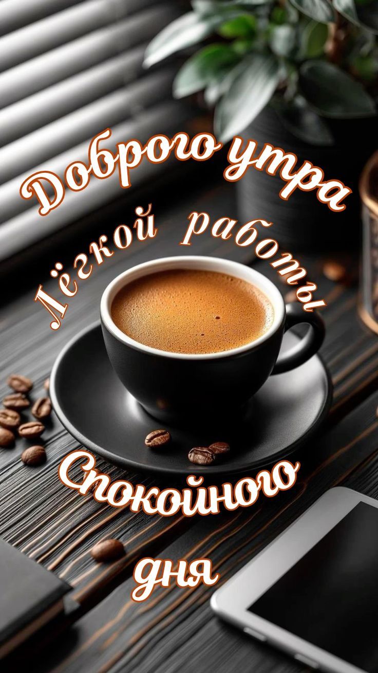 Открытка «Пожелание»: Доброго утра, легкой работы и спокойного дня. Тэги: утро, друг, мужчина, женщина, красивая, кофе…