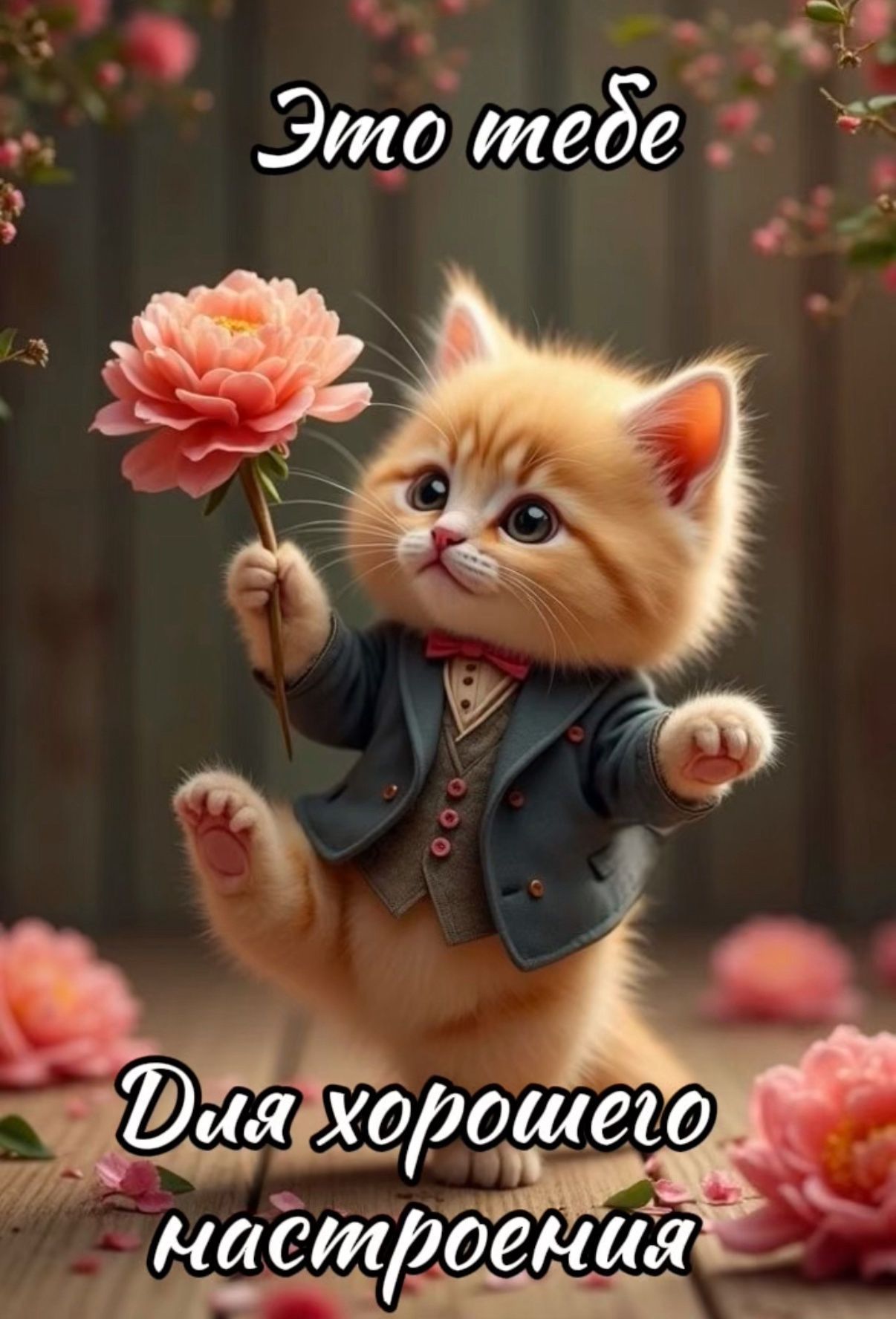 Открытка «Кот»: Милый котёнок дарит цветок для настроения. Тэги: пожелание, отличное настроение, улыбка, друг, подруга…