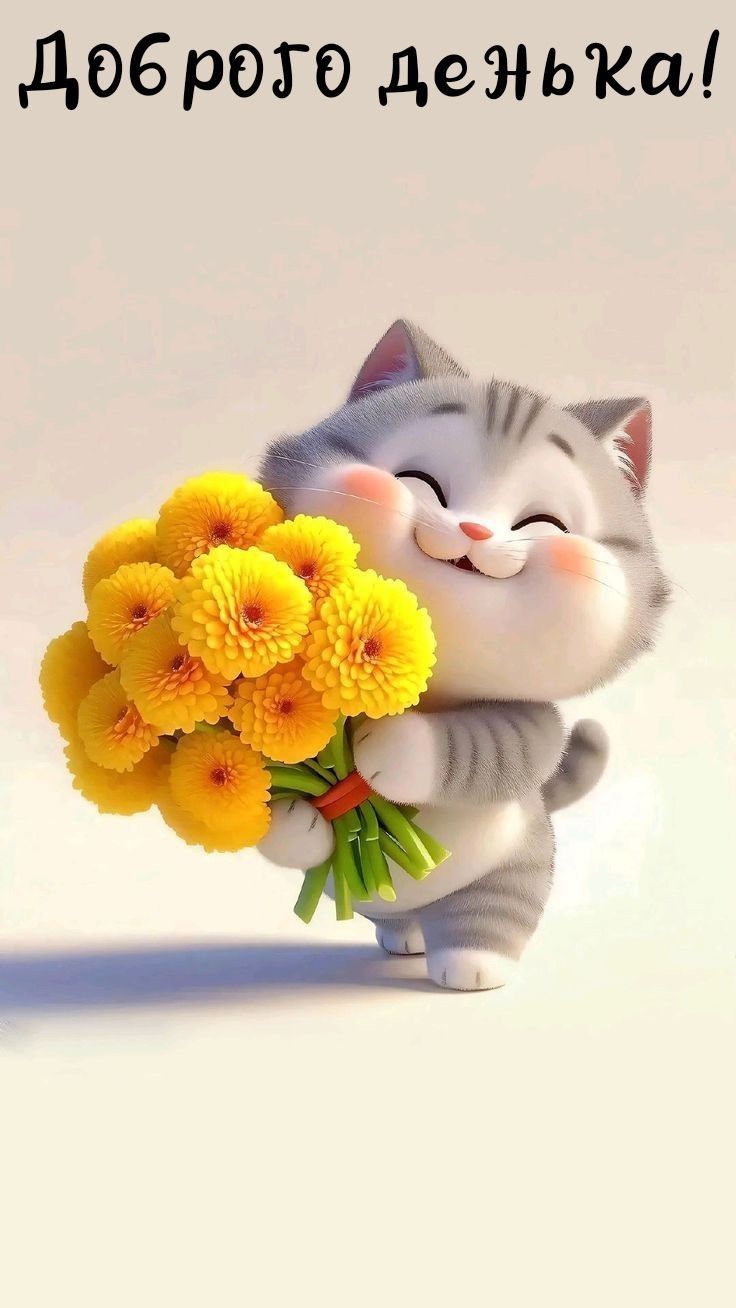 Открытка «Кот»: Доброго денька! Милый кот с букетом для хорошего настроения. Тэги: животное, пожелание, улыбка, друг…