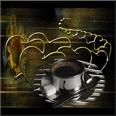 Открытка «Пожелание»: Теплое пожелание: кофе и золотые сердца. Тэги: утро, красивая, кофе, позитив, хорошее настроение…