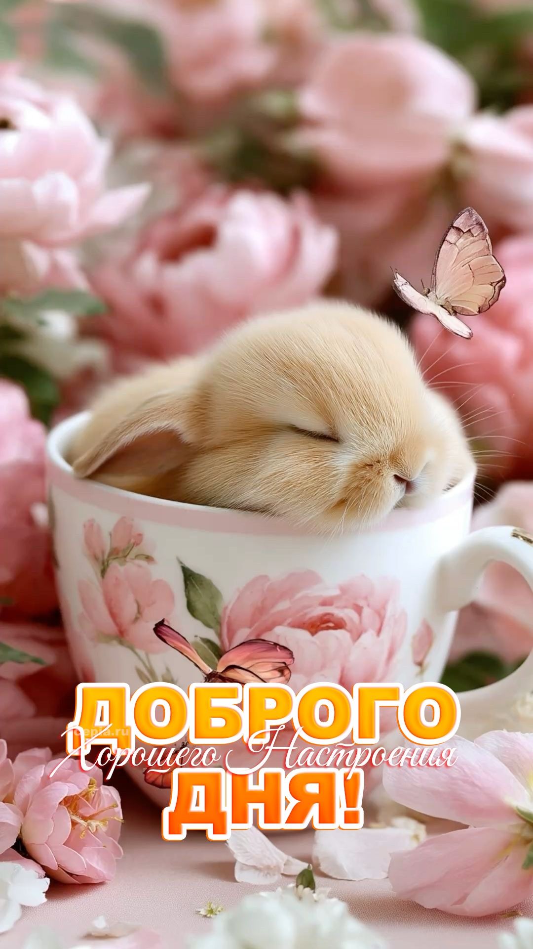 Открытка «Животное»: Доброго дня и хорошего настроения! Милый кролик в чашке. Тэги: пожелание, улыбка, утро, позитив…