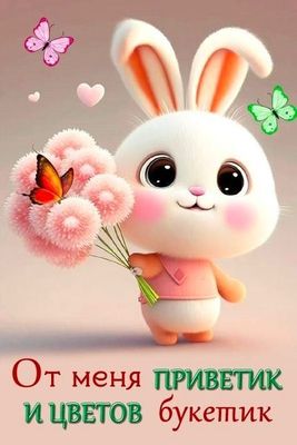 Открытка «Животное»: Милый зайчик с букетом: Приветик и хорошее настроение. Тэги: пожелание, красивая, позитив…