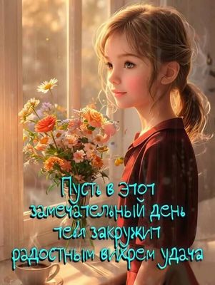 Открытка «Пожелание»: Замечательный день: удача и радость. Тэги: улыбка, утро, красивая, позитив, радость, окно…