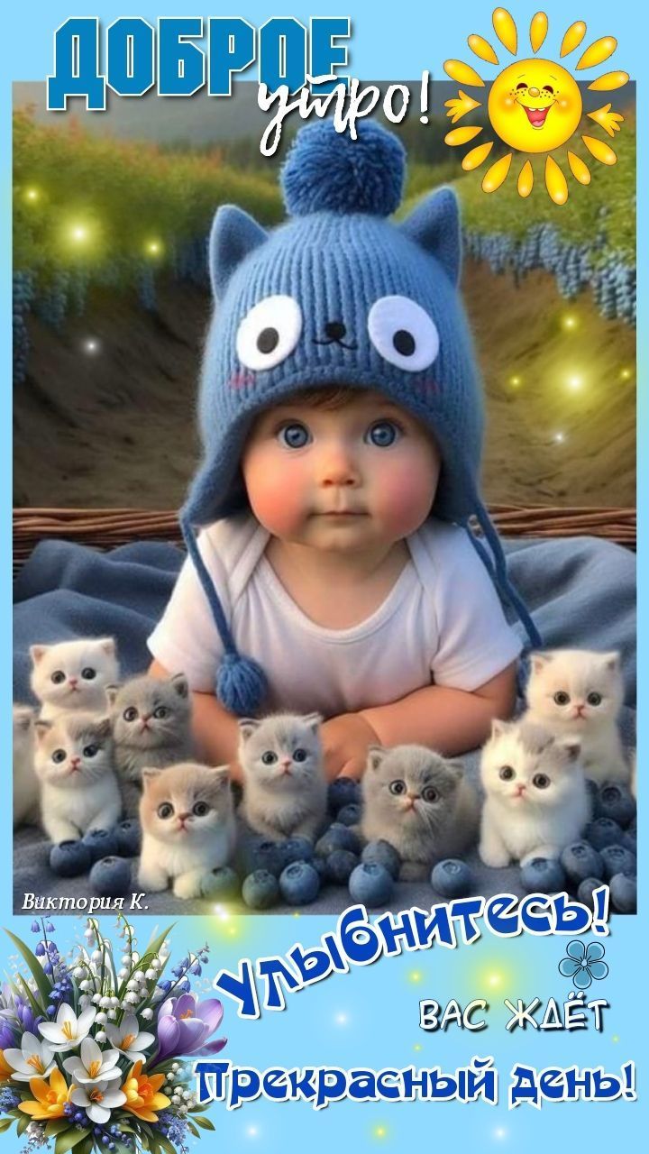 Открытка «Кот»: Доброе утро! Прекрасный день ждет вас! Улыбка. Тэги: животное, пожелание, улыбка, шапка, утро, позитив…