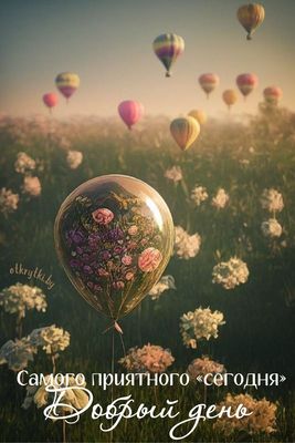 Открытка «Пожелание»: Добрый день: приятное пожелание с цветами и шарами. Тэги: улыбка, красивая, позитив, хорошее на…