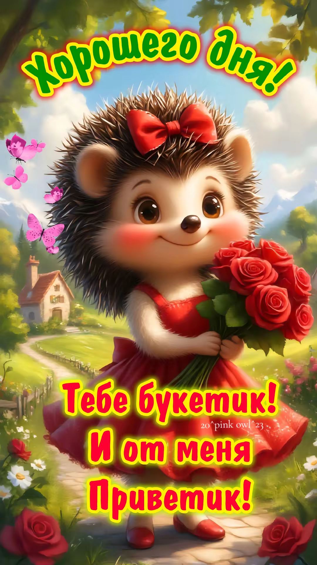 Открытка «Животное»: Хорошего дня! Милый ежик с букетом роз. Тэги: пожелание, хорошего дня, улыбка, красивая, радость…