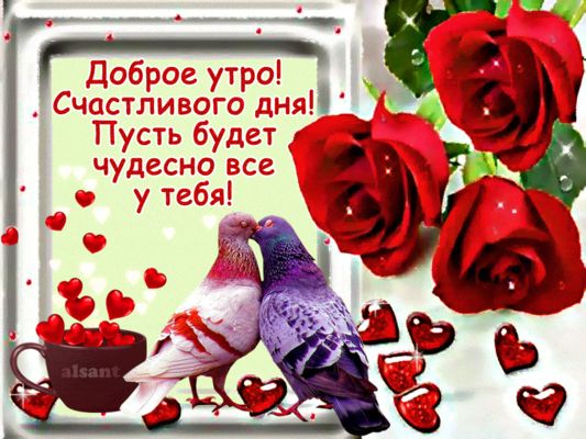 Открытка «Пожелание»: Доброе утро! Счастливого дня с любовью и розами. Тэги: утро, красивая, позитив, сердце, цветок…