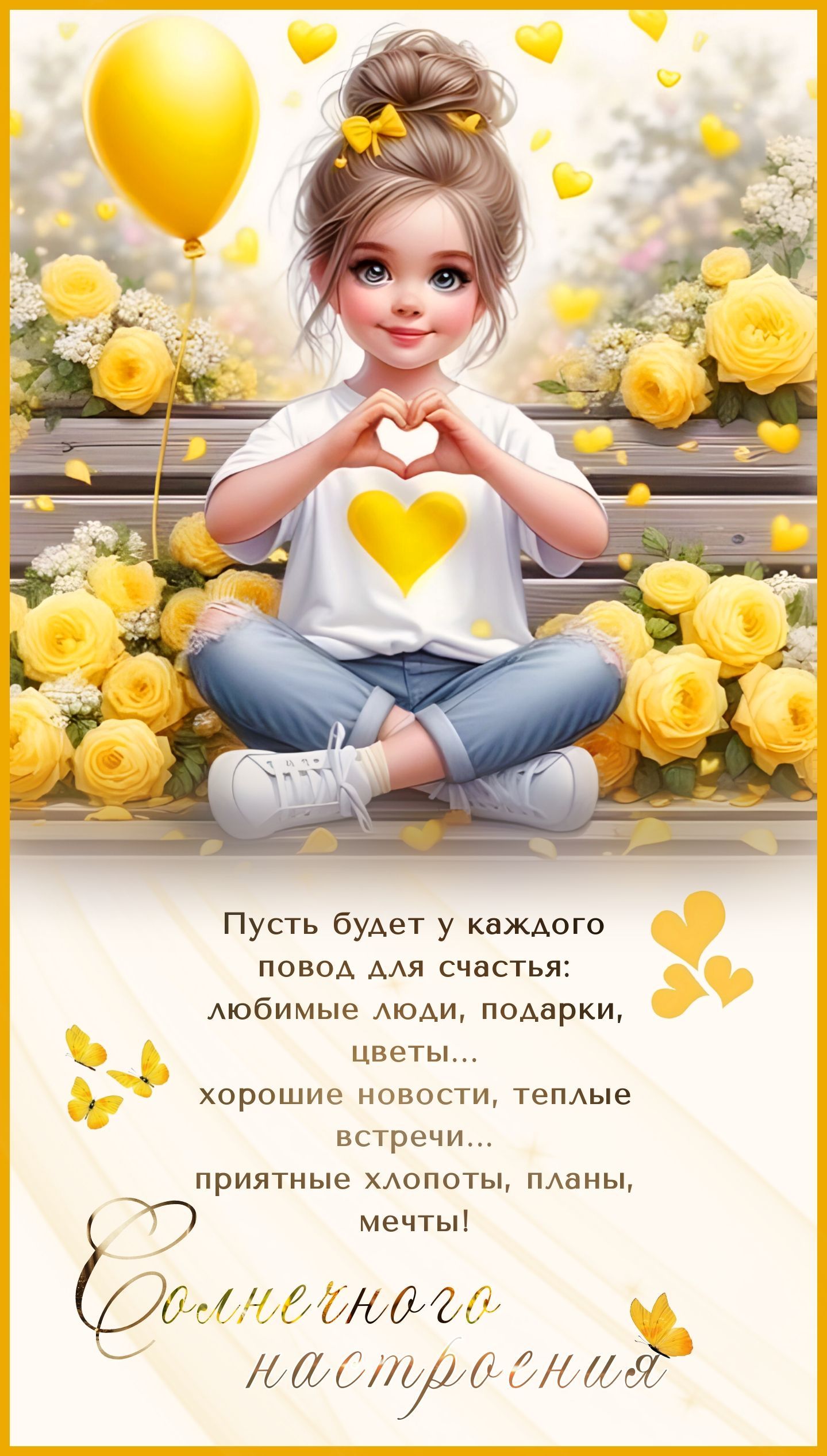 Открытка «Пожелание»: Солнечного настроения! Открытка с пожеланием счастья. Тэги: улыбка, красивая, позитив, сердце…