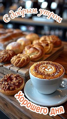 Открытка «Пожелание»: С добрым утром и хорошего дня! Кофе и выпечка.. Тэги: утро, красивая, кофе, позитив, хорошее на…