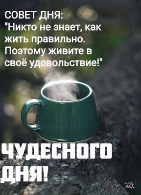 Открытка «Пожелание»: Совет дня: живите в удовольствие! Чудесного дня!. Тэги: утро, кофе, позитив, радость, чашка…