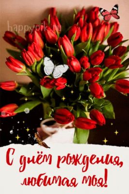 Открытка «Пожелание»: С днём рождения, любимая! Букет тюльпанов и бабочки. Тэги: женщина, красивая, радость, цветок…