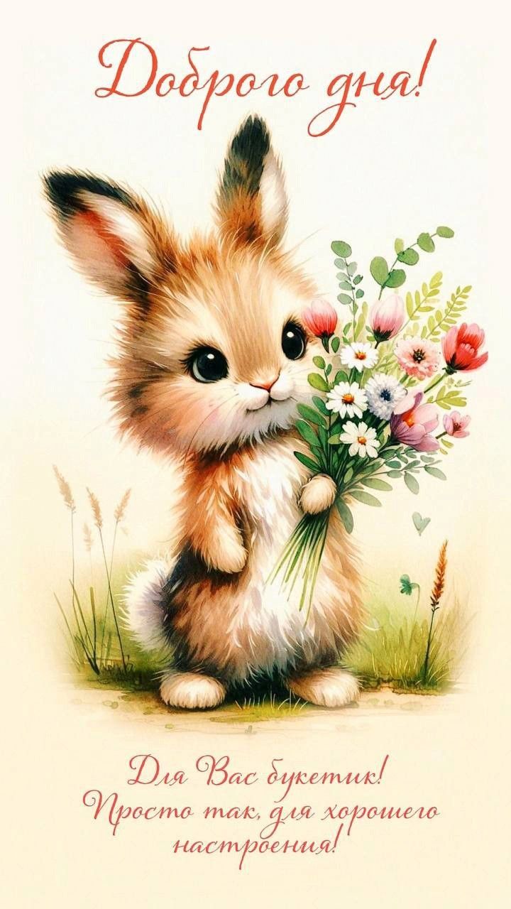 Открытка «Животное»: Доброго дня! Зайчик с букетом для настроения!. Тэги: пожелание, улыбка, друг, подруга, красивая…