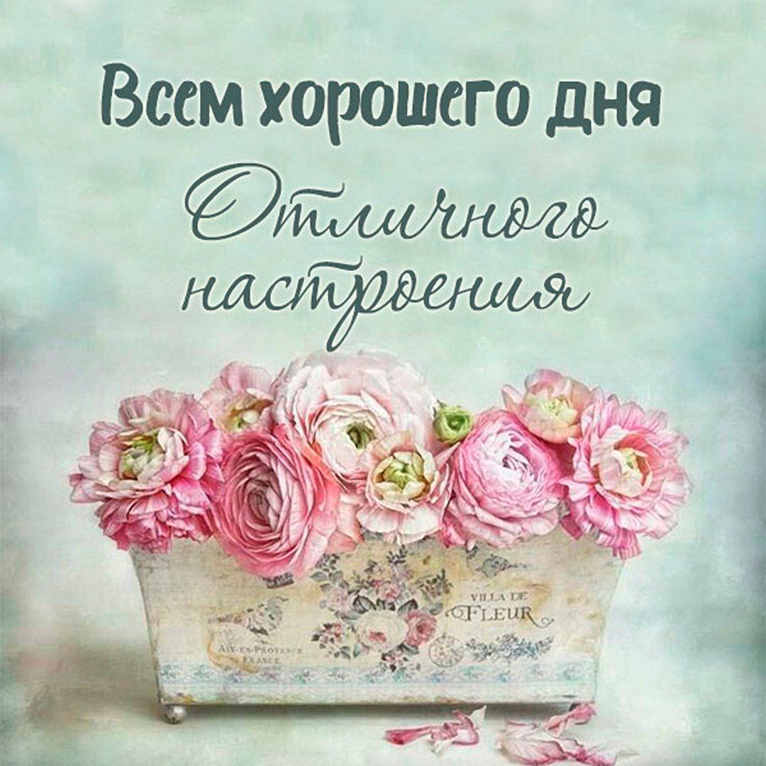 Открытка «Пожелание»: Всем хорошего дня и отличного настроения! Букет цветов.. Тэги: отличное настроение, женщина…