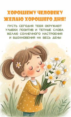 Открытка «Пожелание»: Хорошего дня! Пожелание с улыбкой и цветами. Тэги: улыбка, друг, подруга, красивая, позитив…