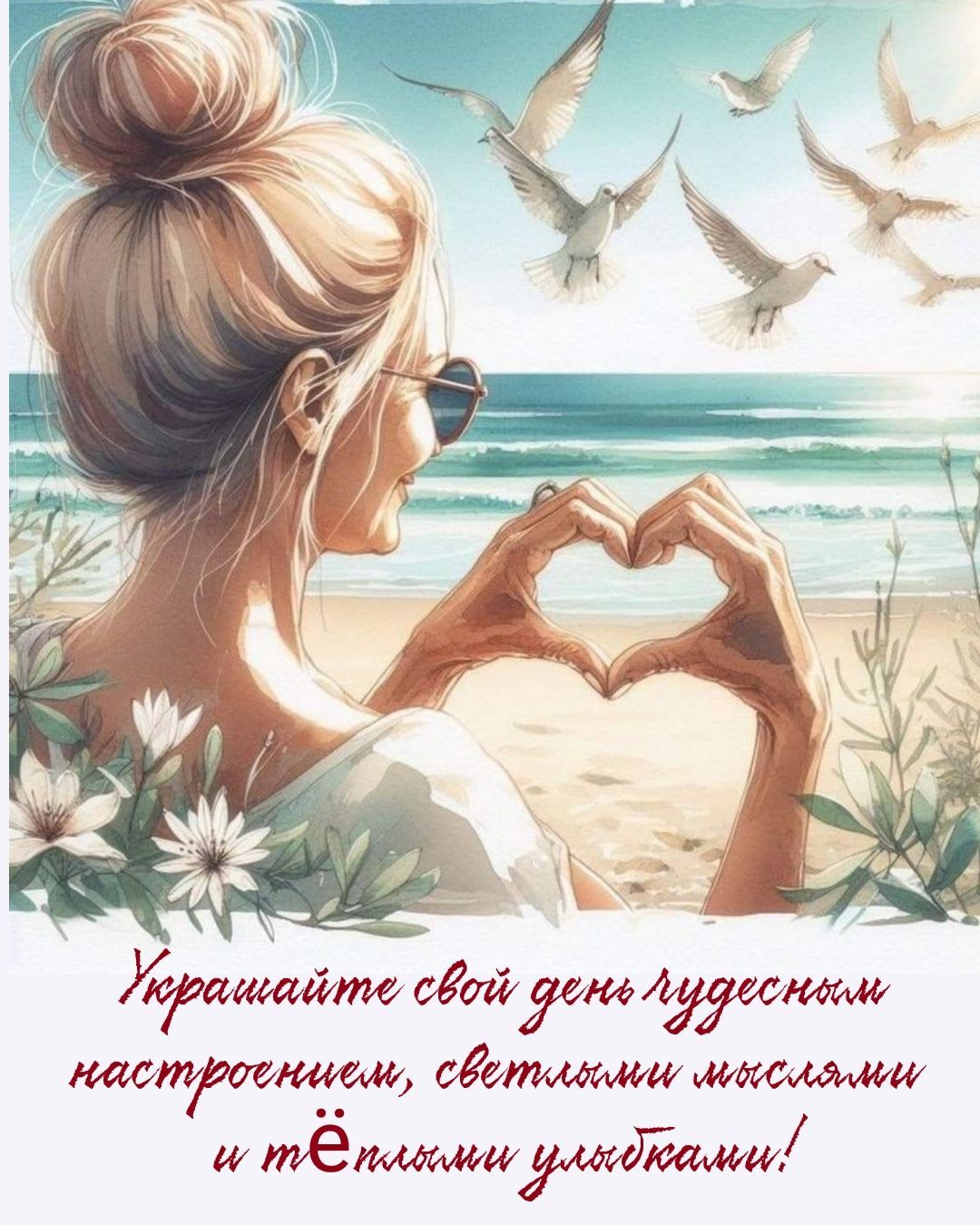 Открытка «Пожелание»: Украсьте свой день: чудесное настроение и улыбка. Тэги: улыбка, женщина, красивая, позитив…