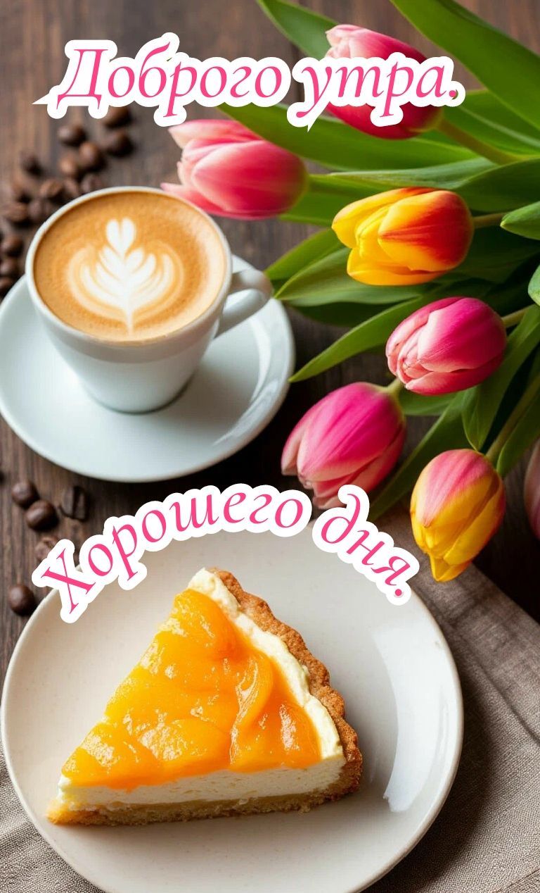 Открытка «Пожелание»: Доброго утра и хорошего дня! Яркие тюльпаны и кофе. Тэги: утро, красивая, кофе, позитив, хороше…