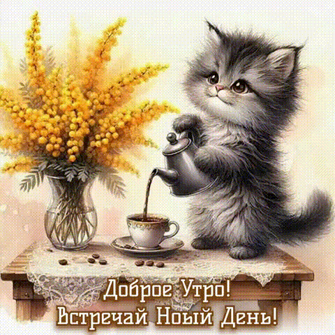 Открытка «Кот»: Прекрасное утро! Милый котенок с кофе и мимозой. Тэги: пожелание, утро, красивая, кофе, позитив…
